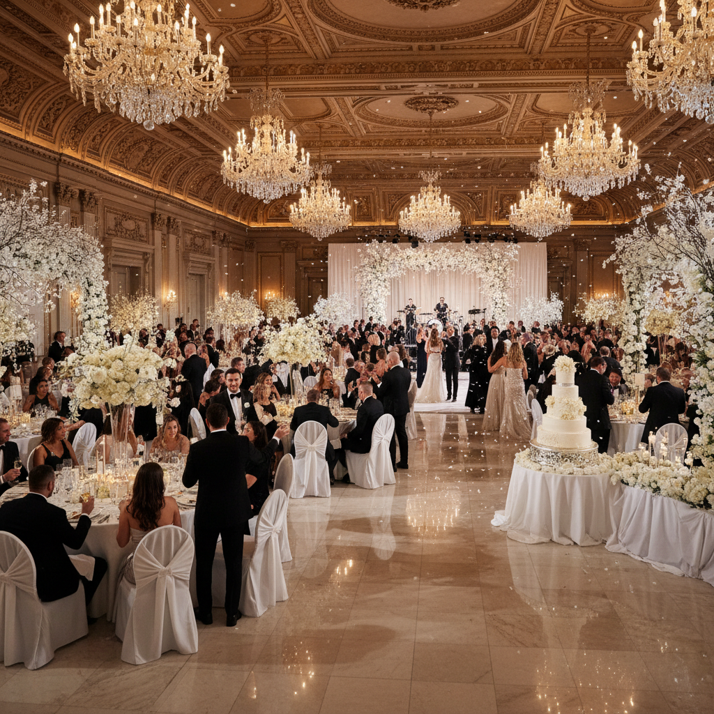 Grand wedding reception hall with crystal chandeliers, white floral centerpieces, candlelit tables in soft romantic lighting