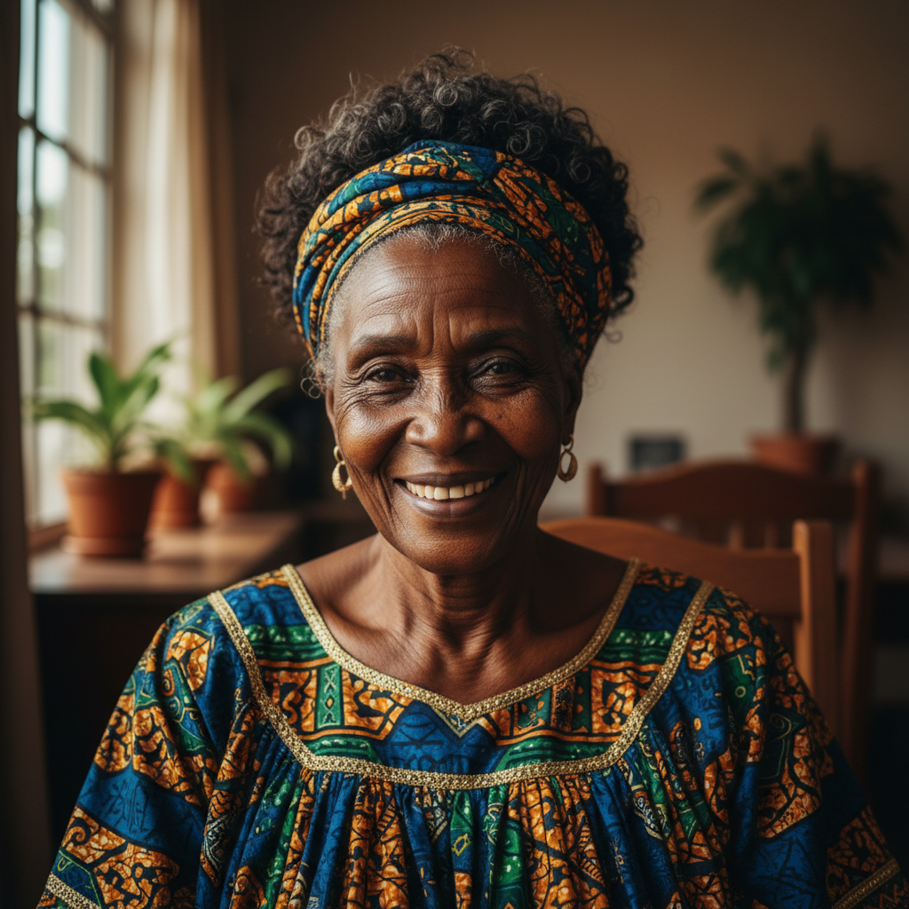 Mamie Lukusa, Congolese grandmother with warm smile and natural hair