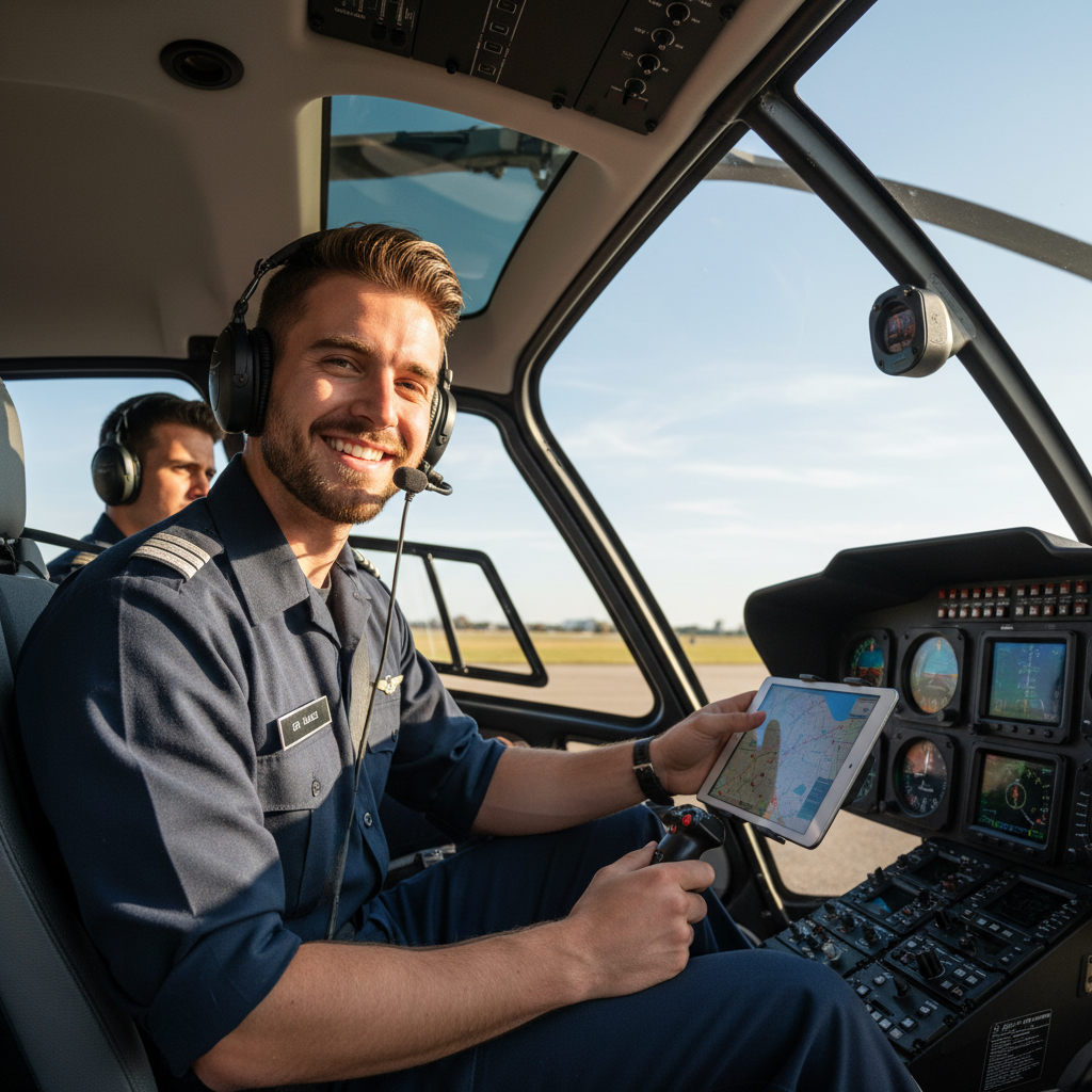 Young flight instructor Rafael Montoya smiling in helicopter cockpit during pre-flight briefing