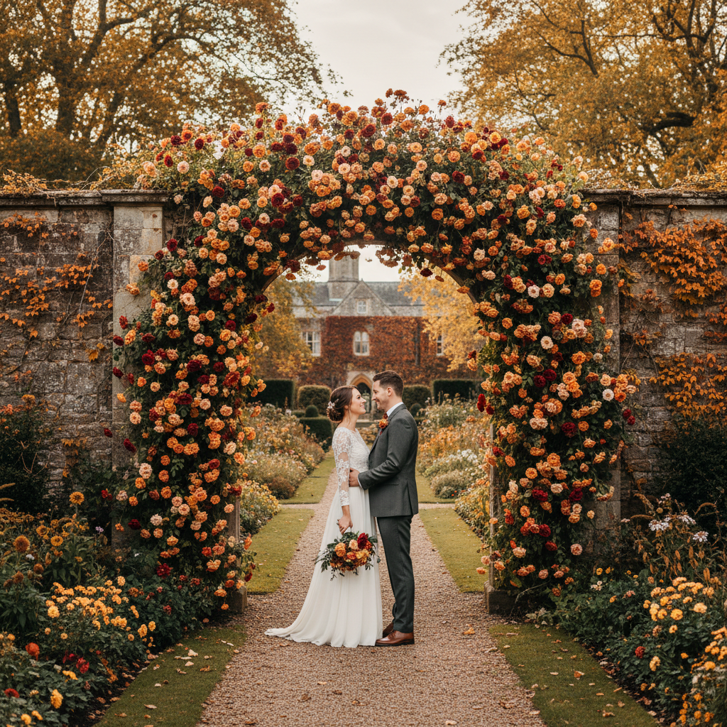 Couple sharing first look in manor walled garden with stone archway and autumn roses