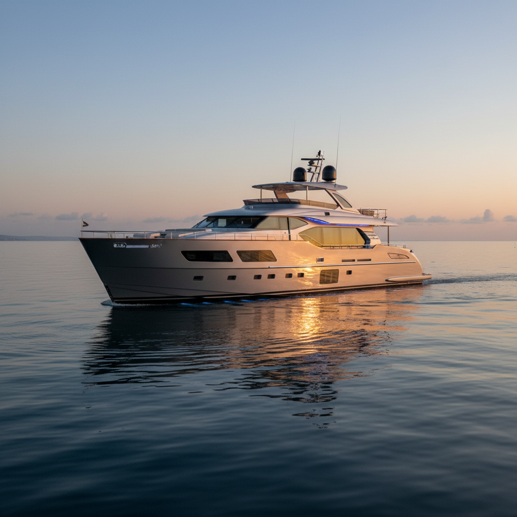 Luxury yacht deck at sunset on calm Mediterranean sea, golden light reflecting off water, elegant vessel silhouette, dark moody sky