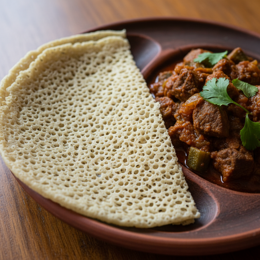 Thin fermented sorghum kisra bread on a dark clay plate with lamb stew mulah, close-up showing honeycomb texture