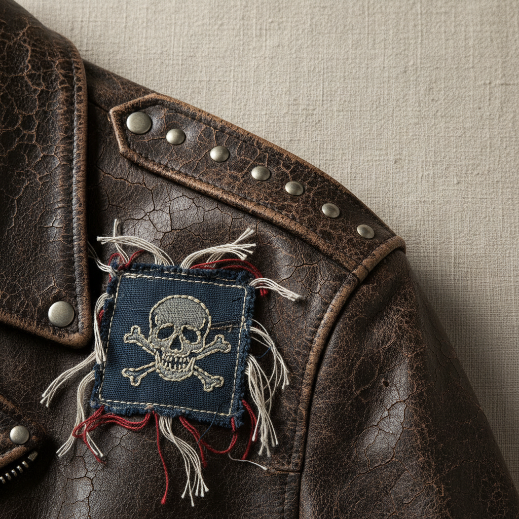 Extreme close-up of cracked vintage leather jacket shoulder with studs and a fraying hand-sewn patch