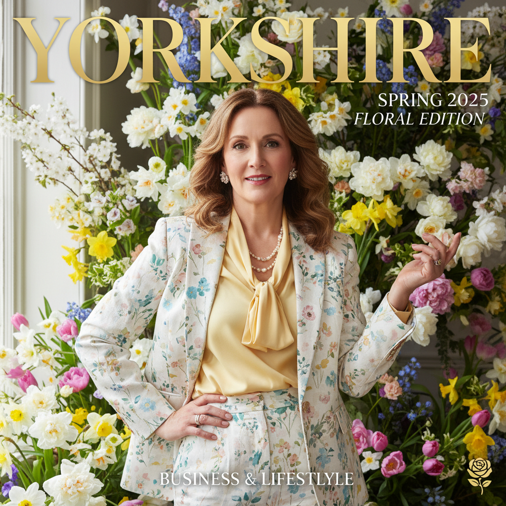 Yorkshire BusinessWoman Apr/May 2025 spring cover featuring a businesswoman in a floral editorial setting