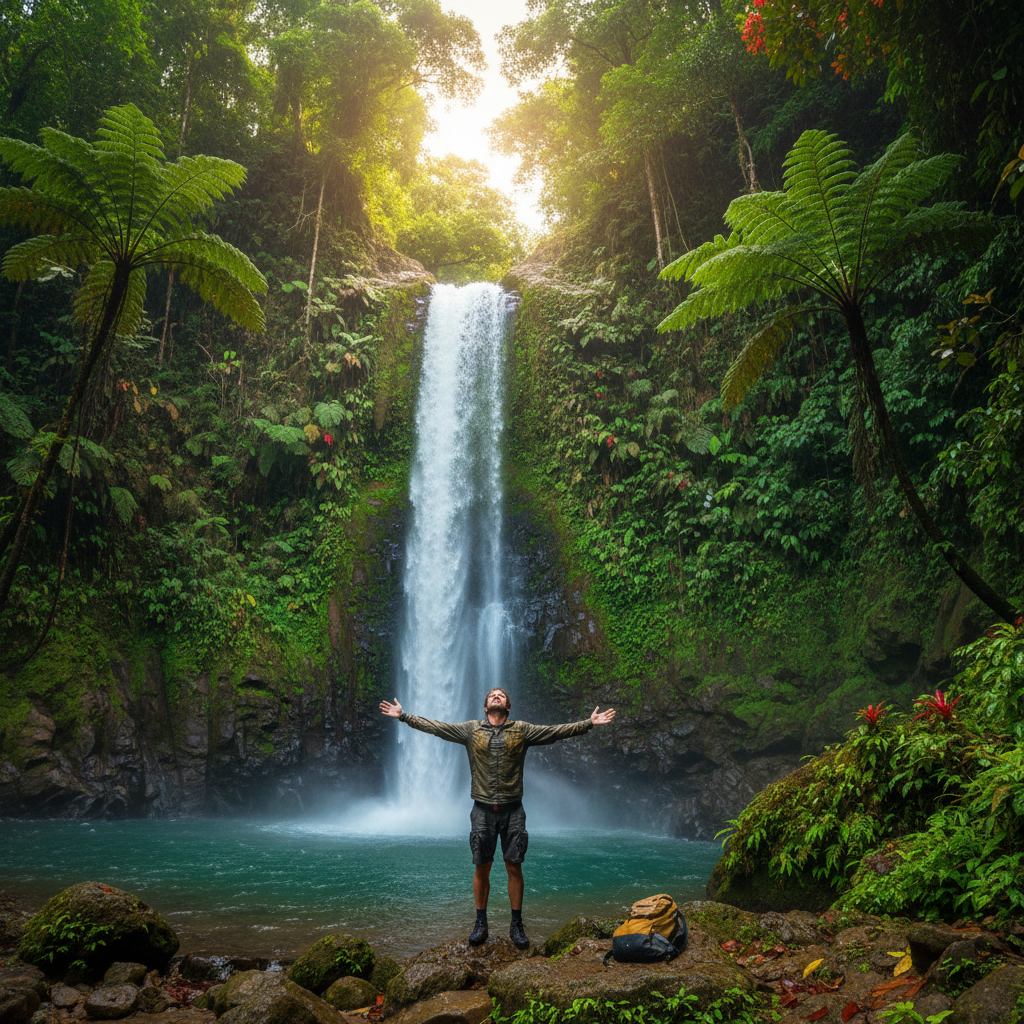 Traveler standing at base of 30-meter jungle waterfall in Costa Rica rainforest, arms spread, completely soaked