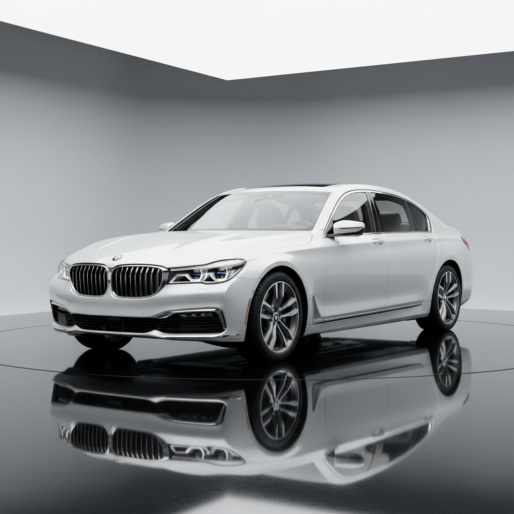 White BMW 7 Series luxury sedan in a bright clean environment, premium polished exterior with chrome accents