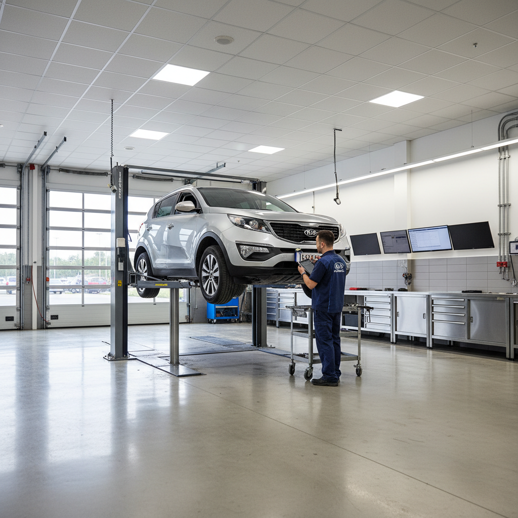 Clean mechanical workshop bay with a Kia Sportage raised on a four-post hoist, technician in branded uniform