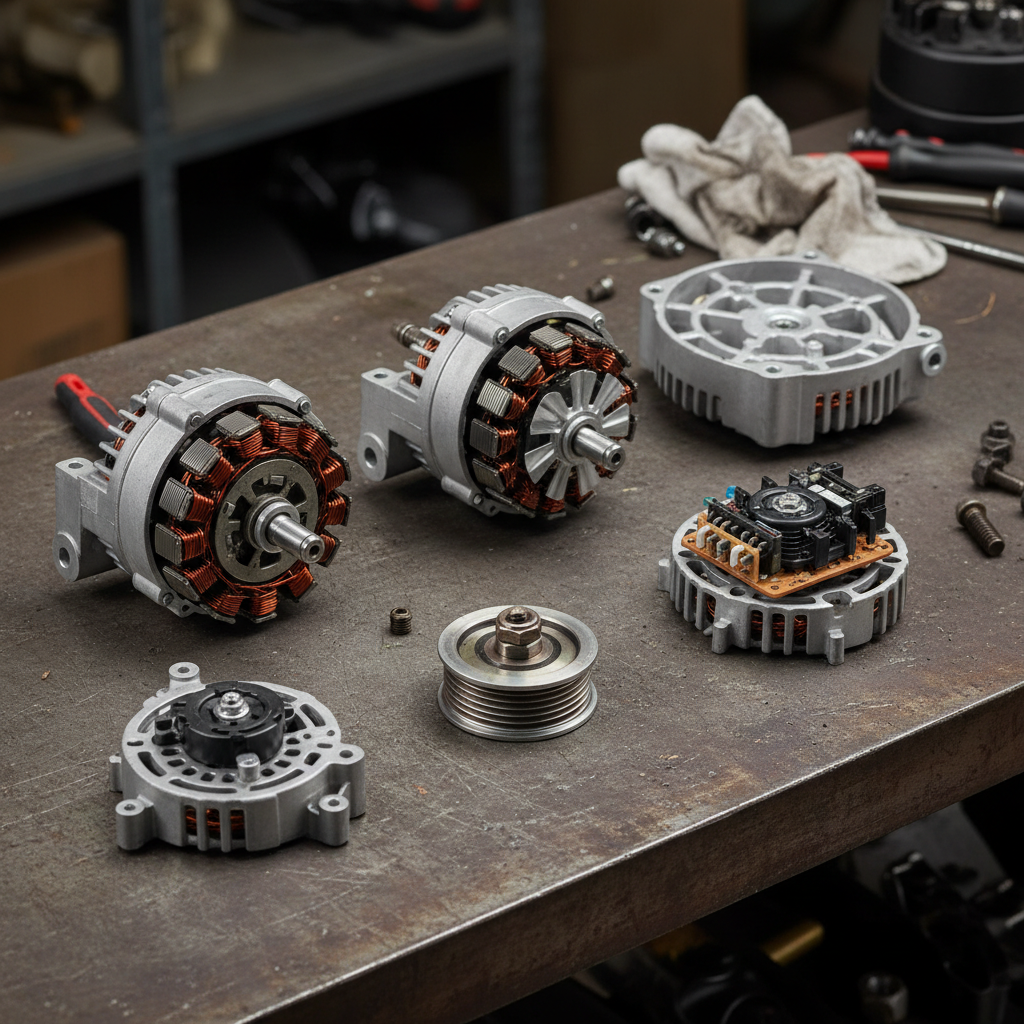 Denso alternator on dark workshop bench with dramatic overhead lighting