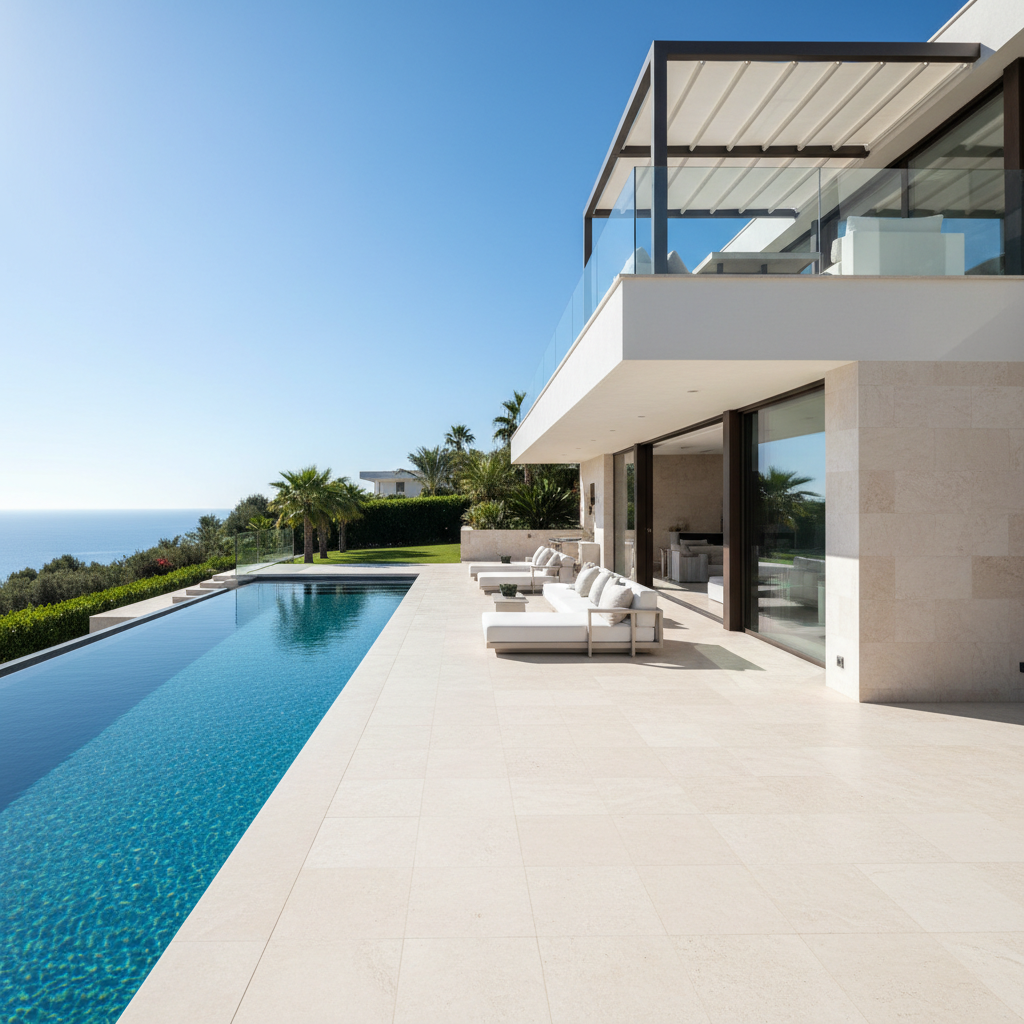 White modern beachfront villa with infinity pool, palm trees, turquoise ocean in background, bright tropical sunlight