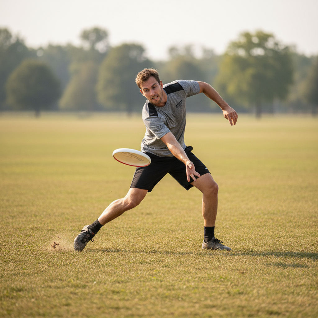 Player with tense throwing stance showing poor disc angle and off-balance form on a grass field