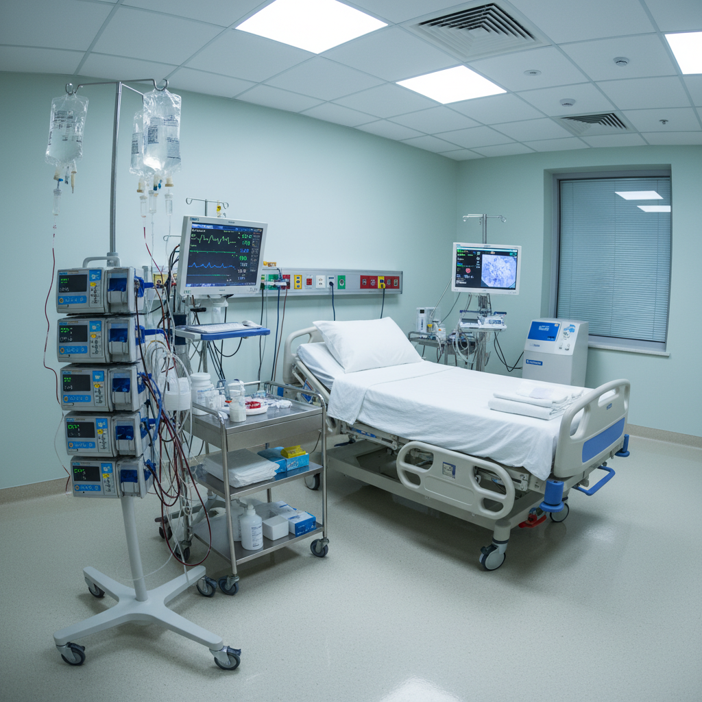 Medical equipment in a bright, well-lit hospital room with modern monitoring devices and clean clinical environment