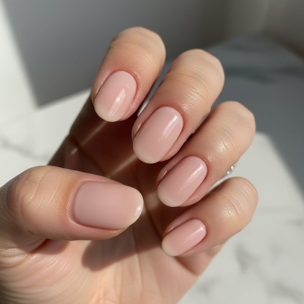 Close-up of elegant manicured nails with soft pink polish on a woman's hand against a cream background