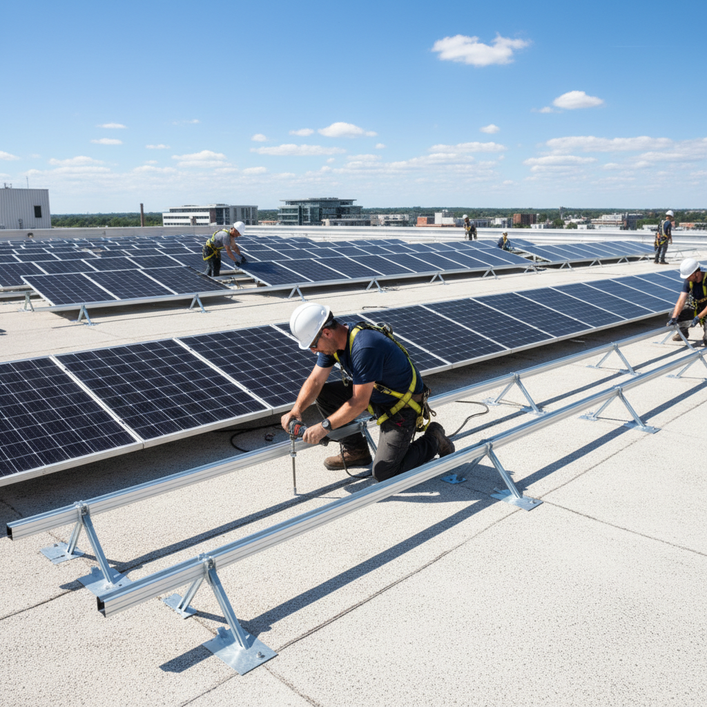 Solar installation crew bolting aluminum mounting rails to commercial rooftop with rows of panels already installed