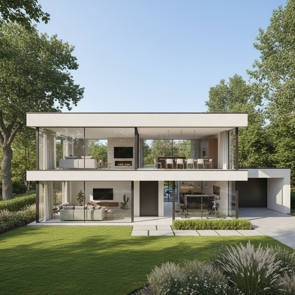 Modern single-story house with large windows and clean lines, green lawn, bright sunny day, contemporary residential architecture