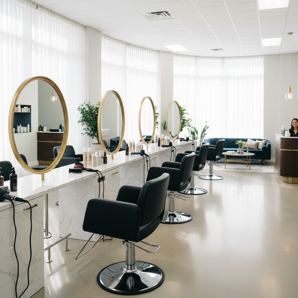 Hair salon with professional styling chairs and mirrors