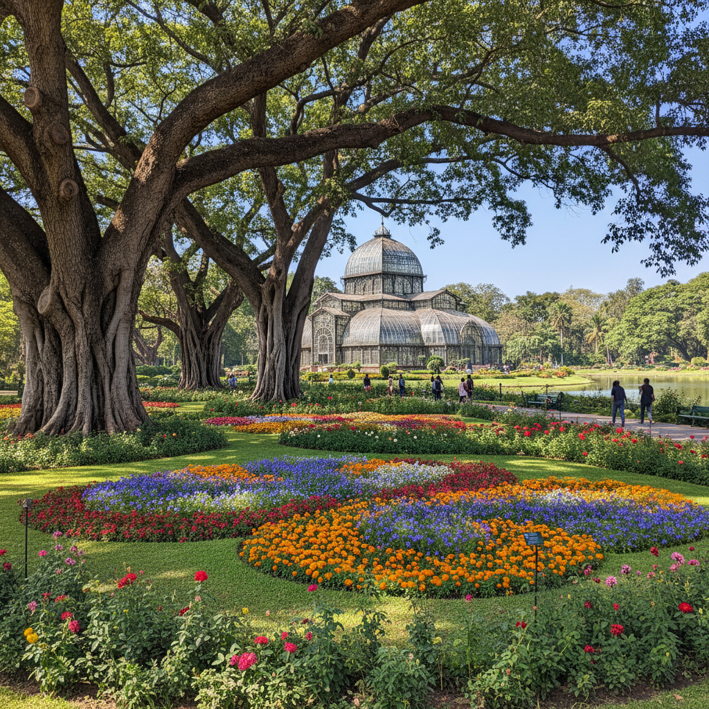 Lalbagh botanical garden with ancient trees, ornamental flower beds, and the glass greenhouse in background