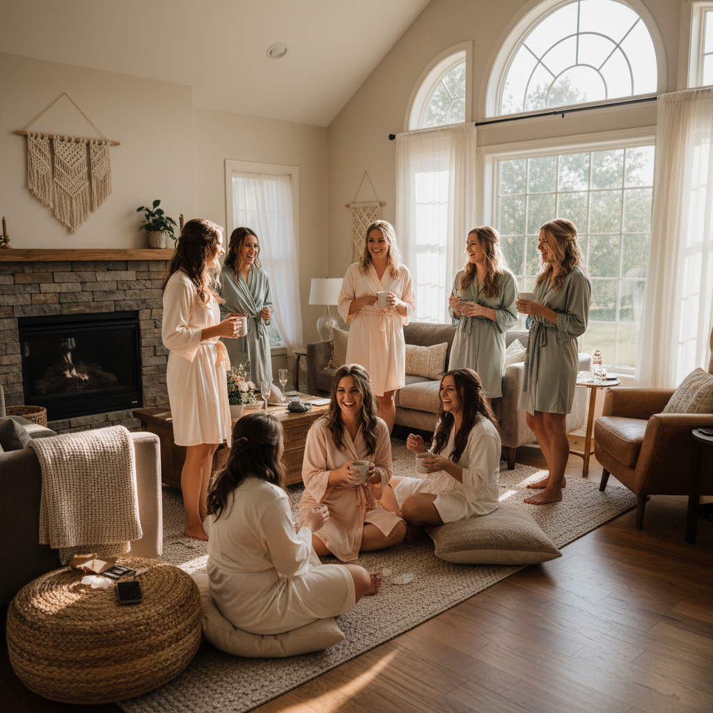 Bridal party in robes in an Airbnb living room, hair undone, morning light