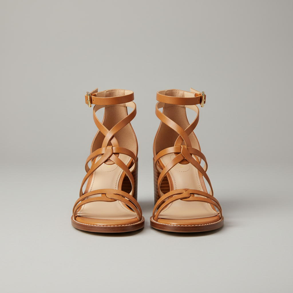 Minimalist leather sandals in tan, clean white background, product photography