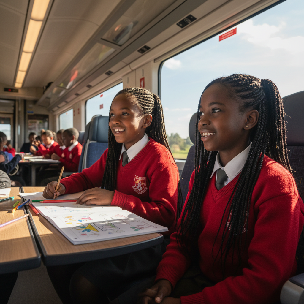 Two young girls with braided hair in red school sweaters and white collared shirts sitting at a table on the SGR train during a school excursion
