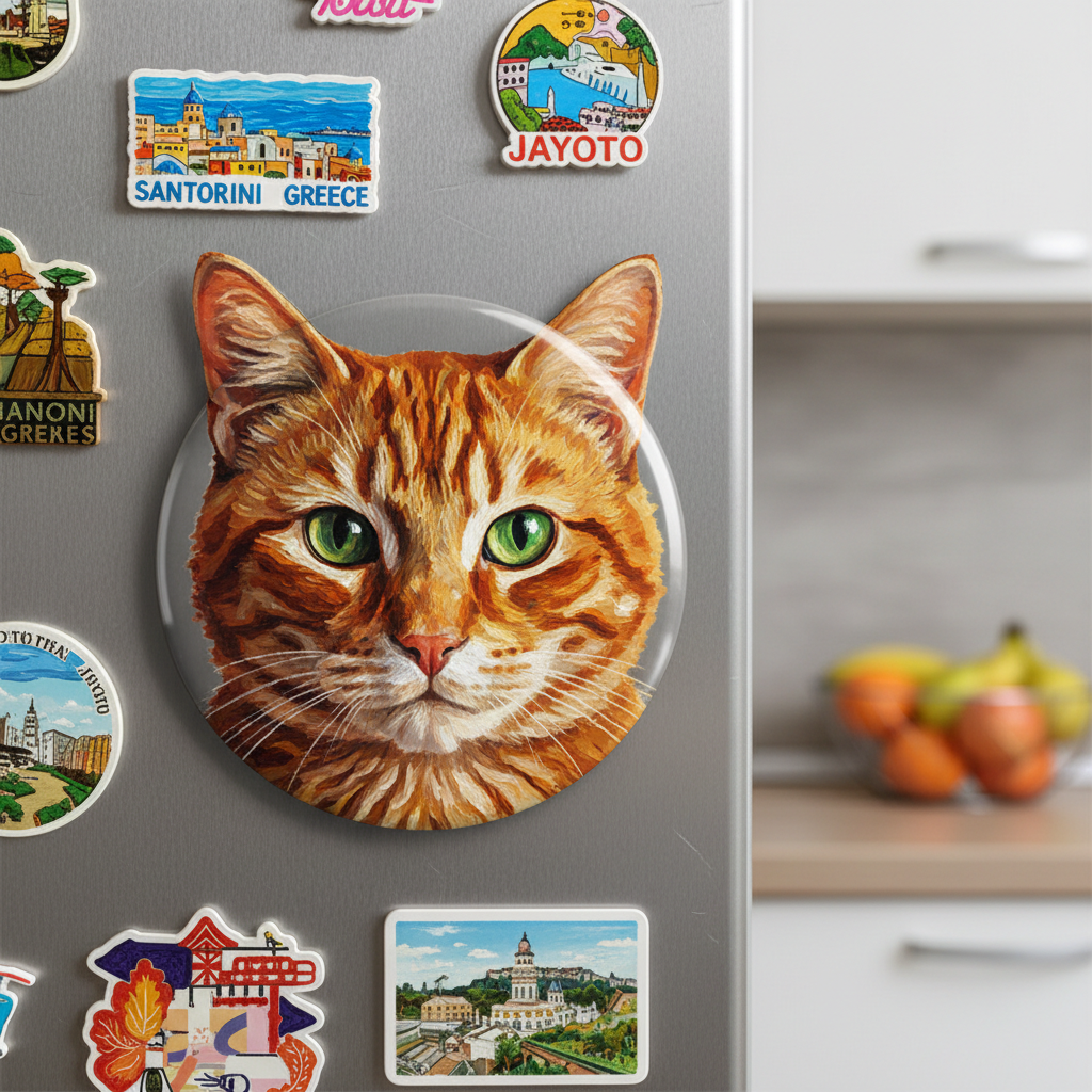 Vibrant orange tabby cat portrait art print magnet on a colorful fridge