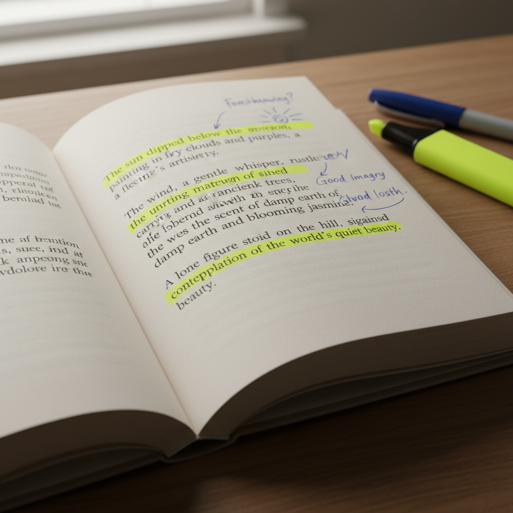 Highlighted book passage with yellow highlighter marks and handwritten margin notes