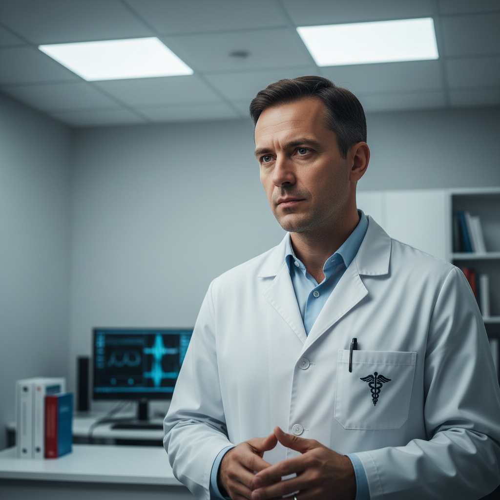 Dr. John Aina in white coat standing in a bright modern medical office, professional and approachable, warm natural light from windows behind him