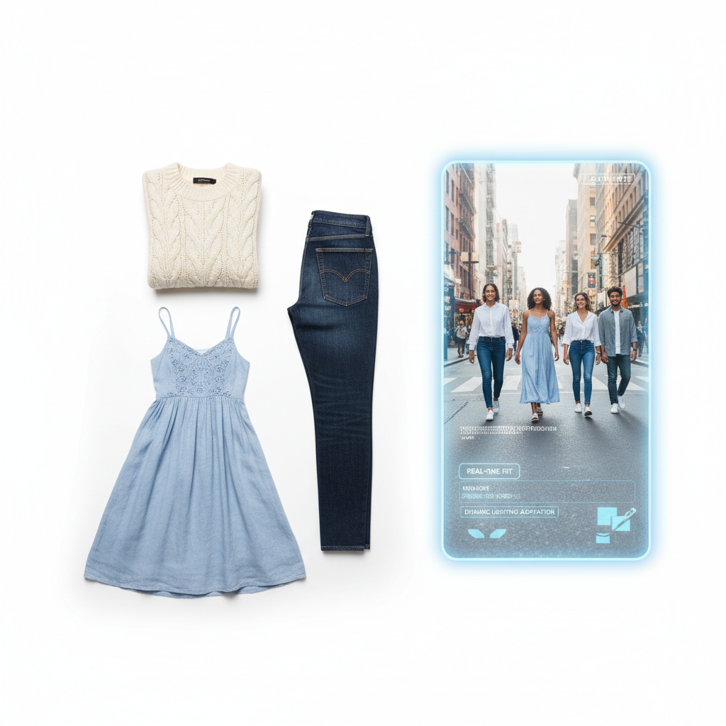 Fashion store product grid on dark background, elegant white cards with clothing images, premium layout