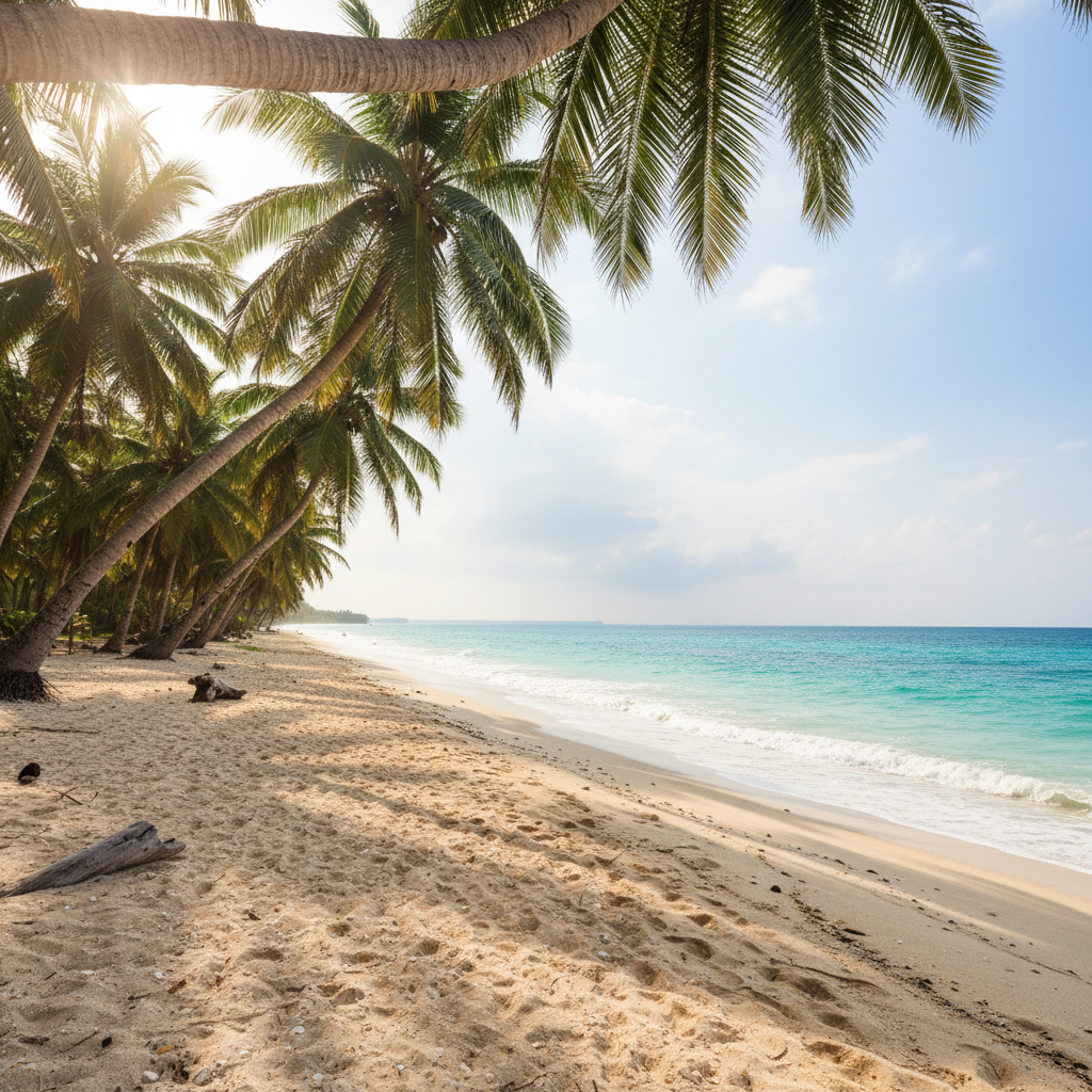 Tropical beach with golden sand, turquoise ocean, and swaying palm trees under bright blue sky
