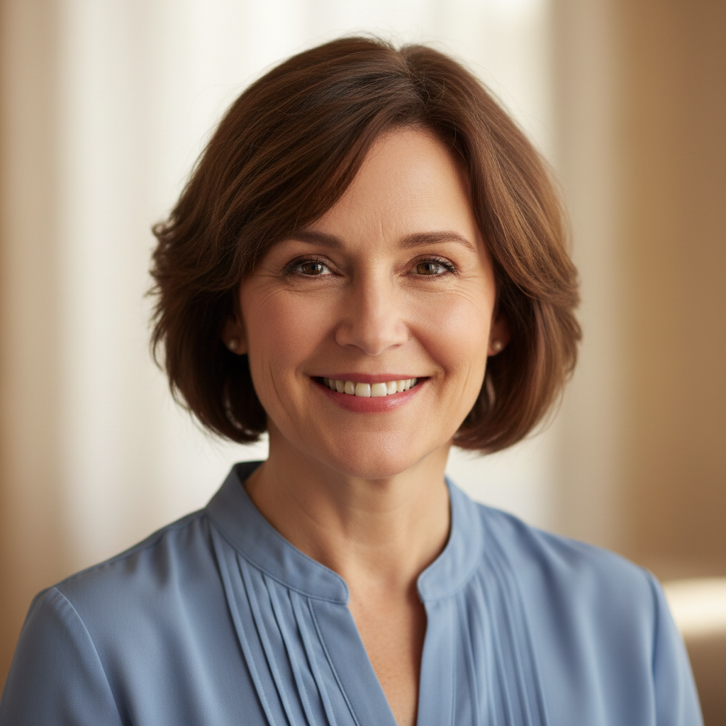 Profile photo of a smiling woman with light hair, clean background