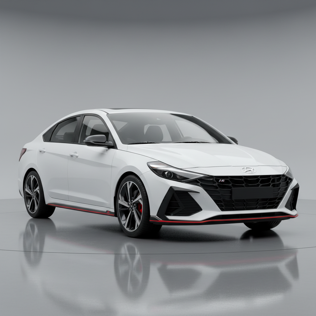 White Hyundai Elantra N Line after two-stage paint correction, swirl marks fully removed