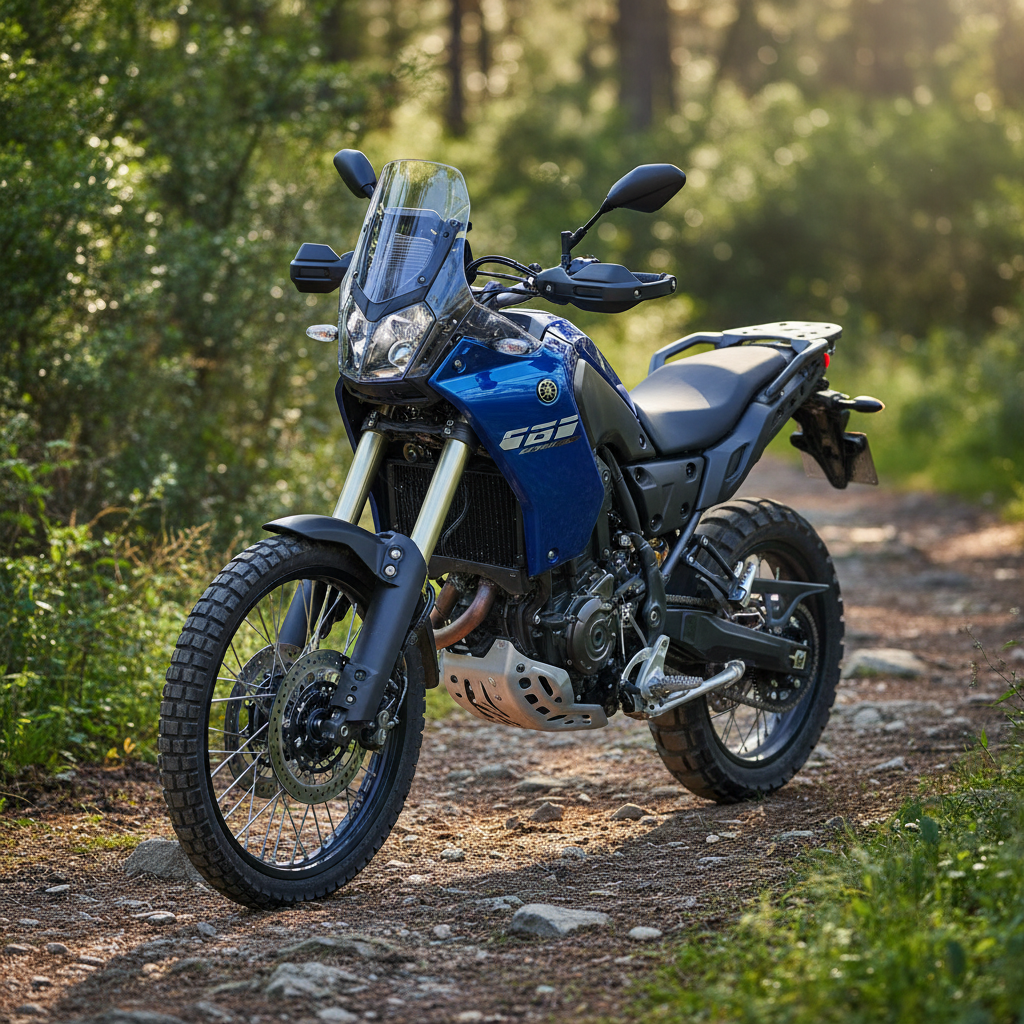 Africa Twin adventure motorcycle on dirt trail through forest