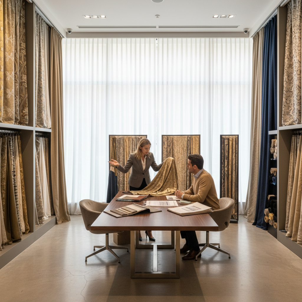 Luxury curtain showroom consultation featuring extensive fabric displays, designer discussing premium options, and elegant sample presentations for high-end projects