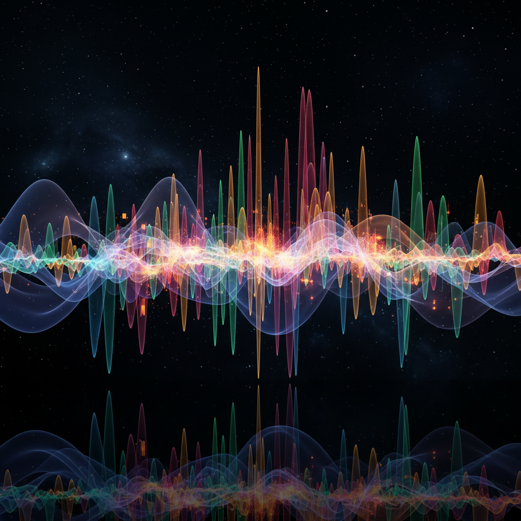Abstract motion graphics with glowing particles, dark background, vibrant color trails, digital art composition