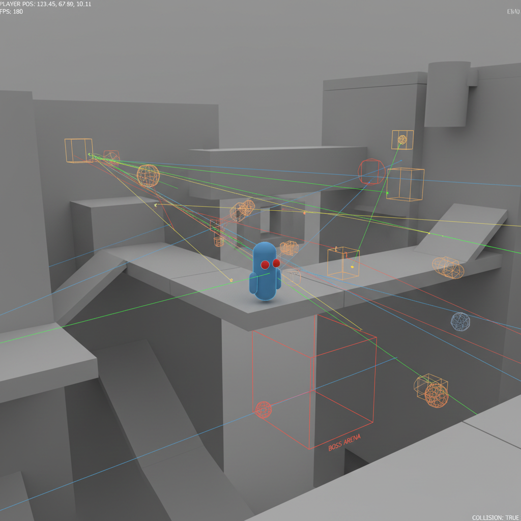 Raw greybox prototype level with placeholder geometry, debug lines visible, collision boxes outlined in wireframe