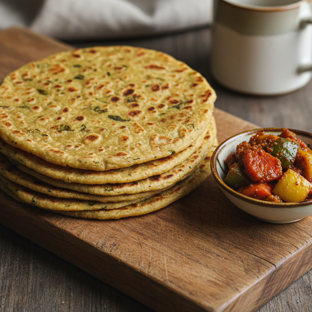 Methi thepla thin flatbread stacked on plate with pickle and yogurt