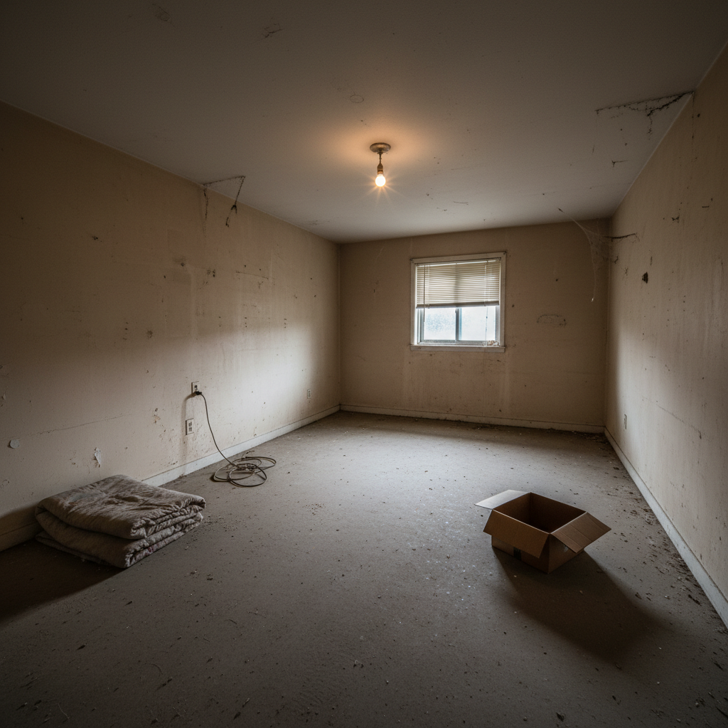Bedroom ceiling with bare light fixture and cardboard box containing ceiling fan on floor