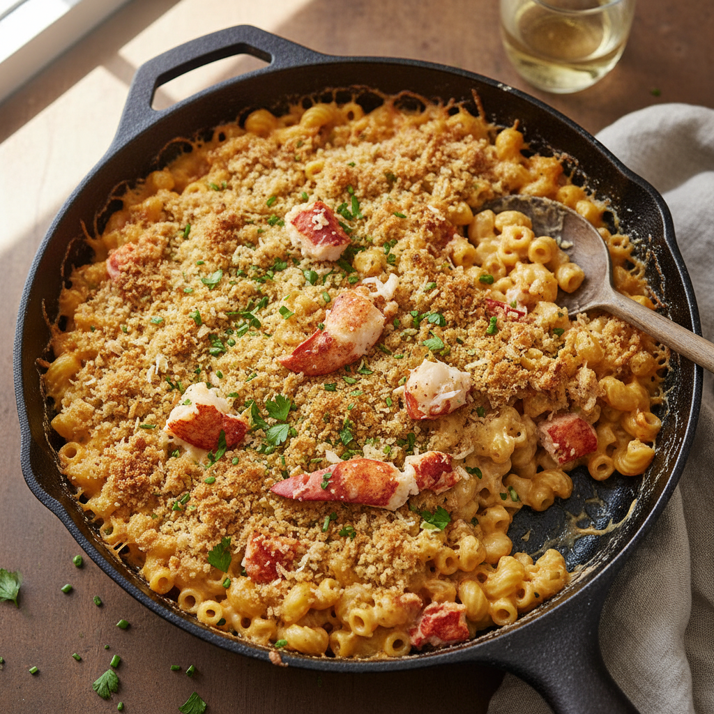Creamy lobster mac and cheese in a cast iron skillet with breadcrumb topping at Hamburger Mary's Chicago
