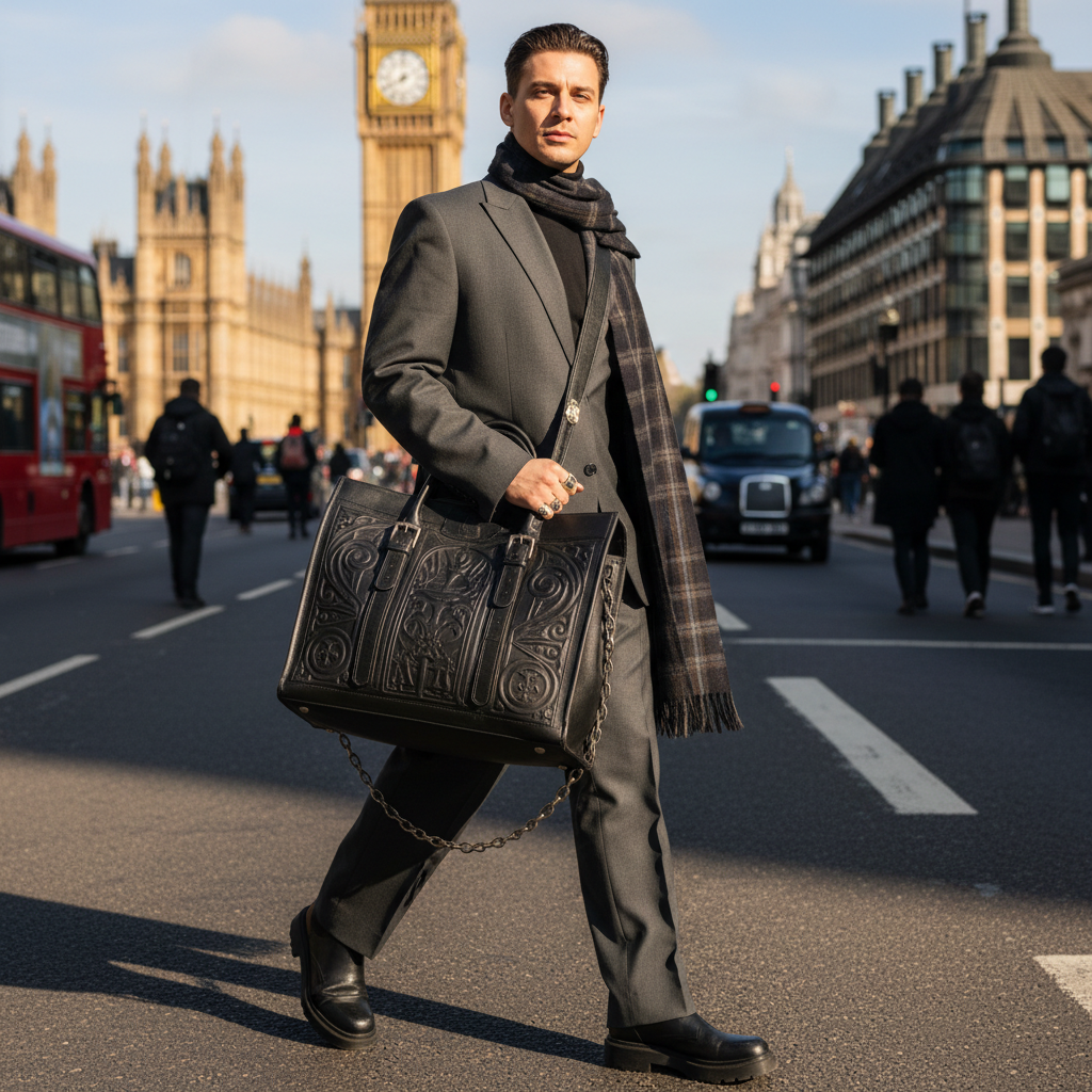 Devlin Ashworth, creative director and style collector carrying gothic leather bag in London