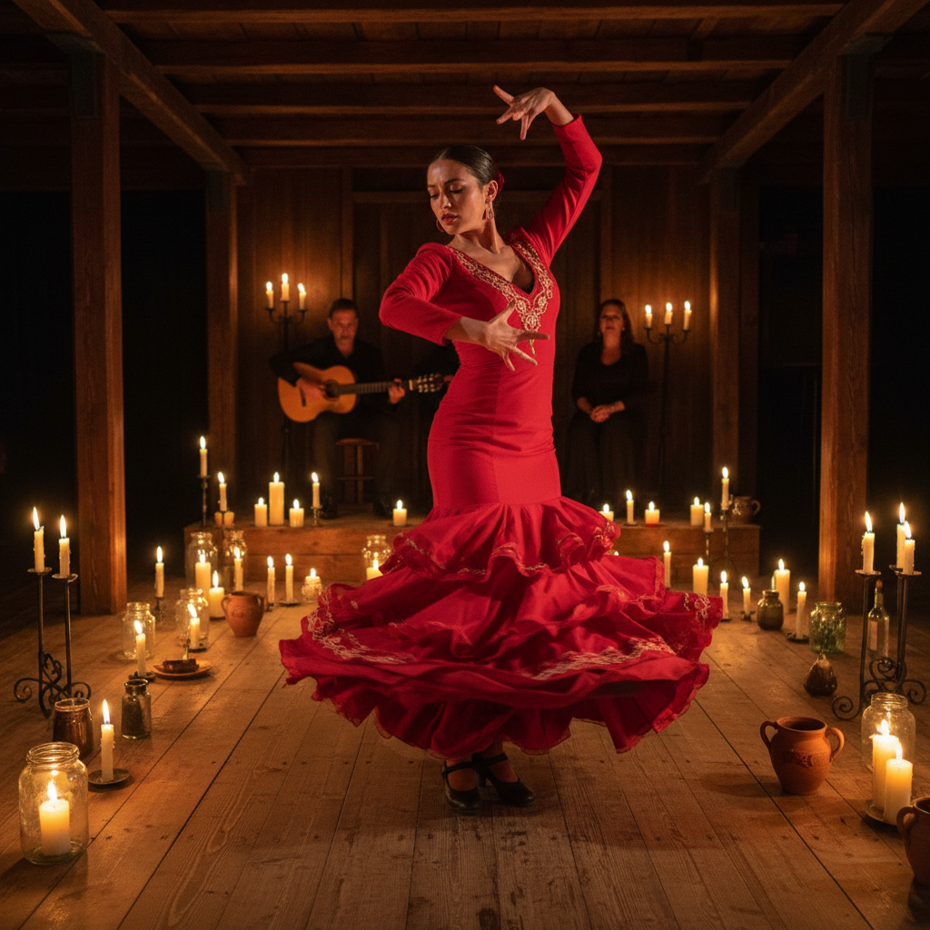 Flamenco dancer in a red dress performing in Seville Spain
