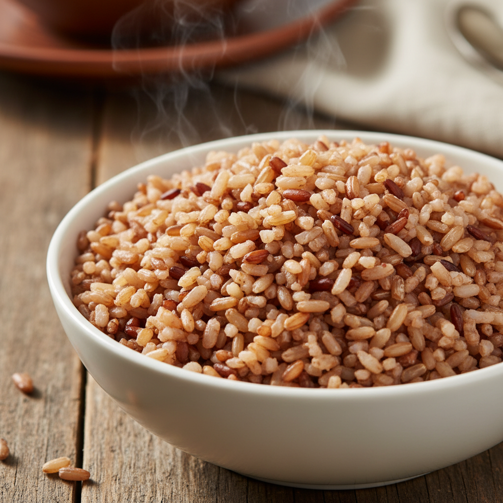 Brown rice grains in a white bowl showing wholesome grain texture and color