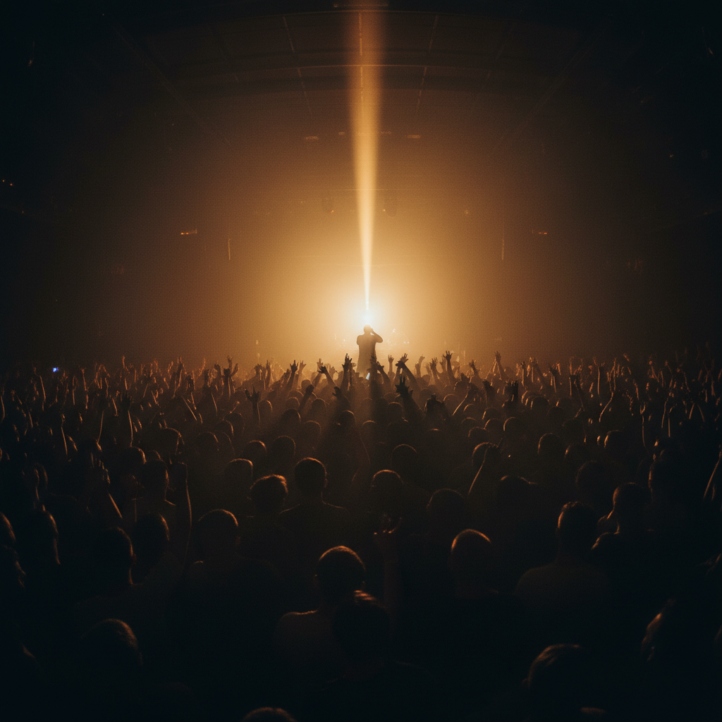 Pulse nightclub — silhouettes packed tight, hands raised, performer bathed in amber column of light, fog turning the beam solid