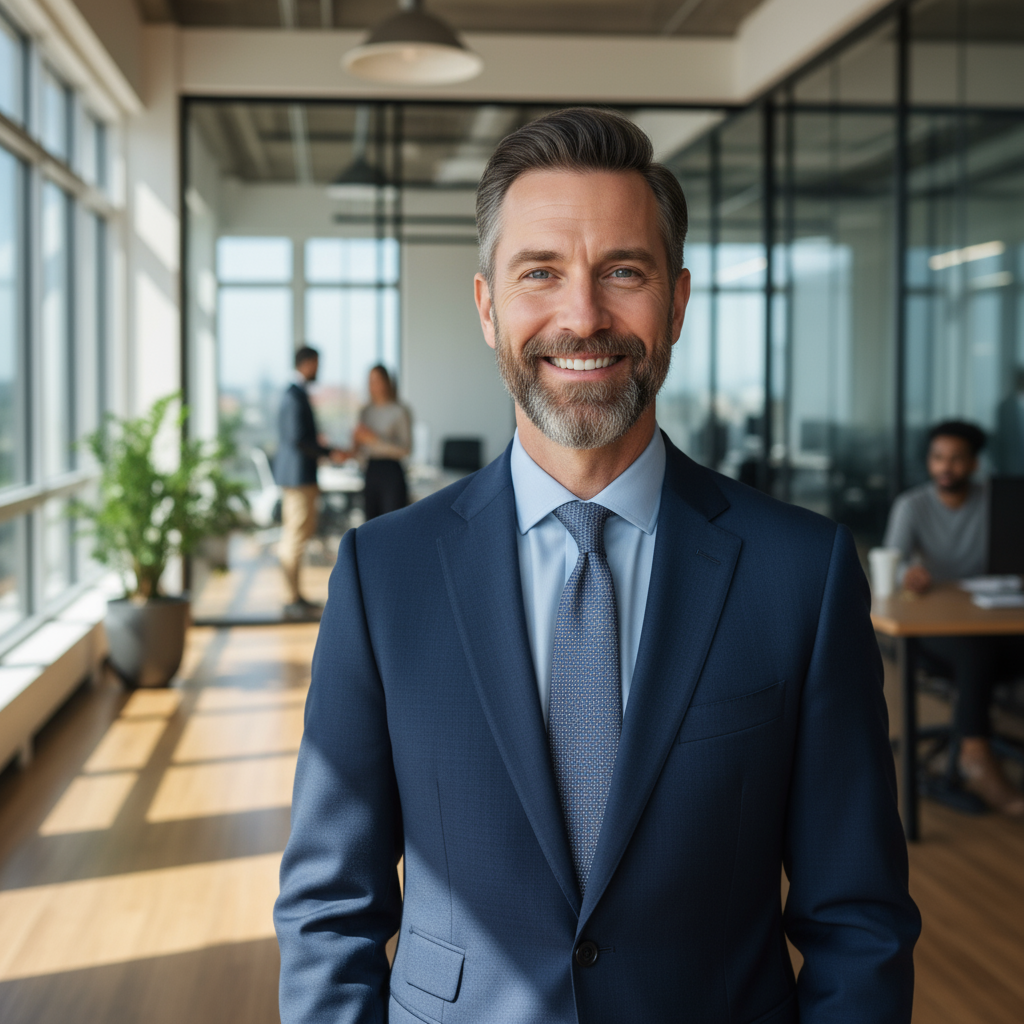 Professional man in his forties in business casual attire, confident expression, modern office background