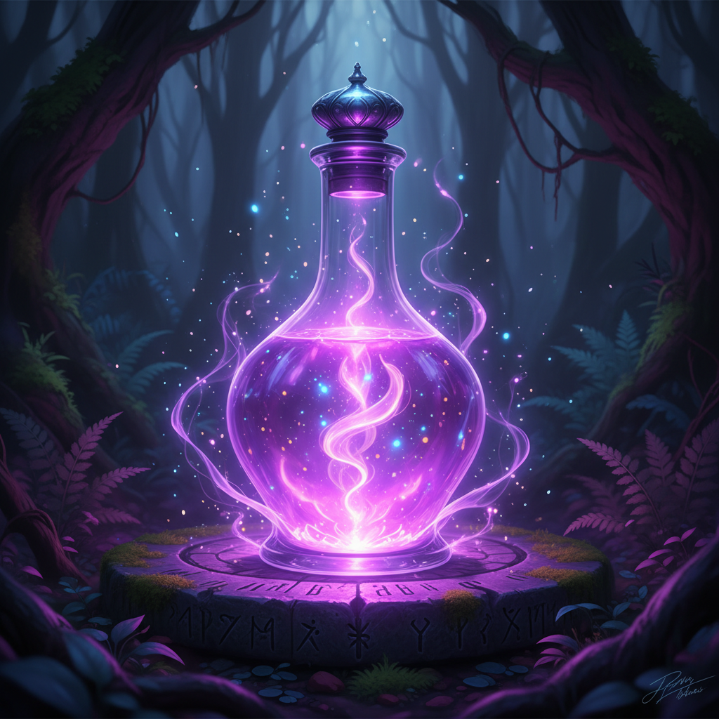 Dark violet glass bottle of night elixir with dried herbs and moon-shaped lid on dark indigo velvet surface, mystical atmospheric lighting