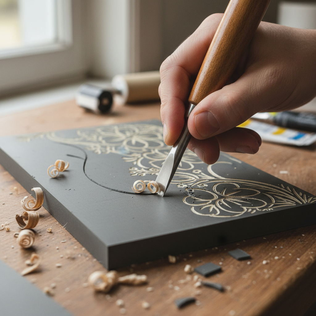 Hands carving a linocut block with a V-gouge, wood shavings curling away