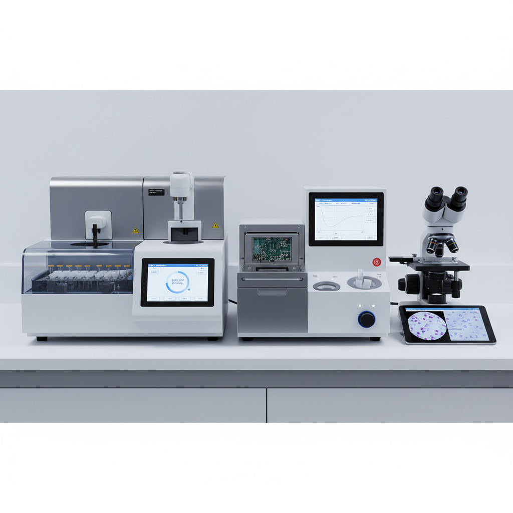 Biomedical lab equipment and microscopes on clean white lab bench with bright overhead lighting