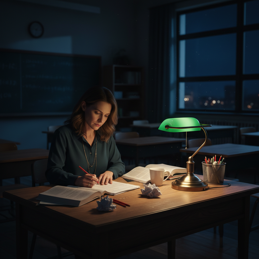 Teacher at a desk late at night with a laptop open, notebook with handwritten notes beside it, desk lamp casting warm light