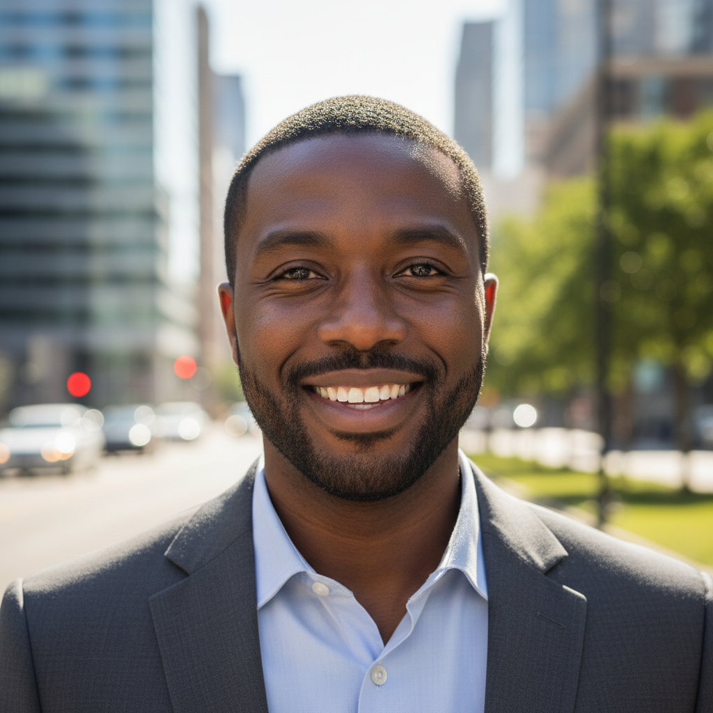Black man in his 30s with short hair and confident expression in professional setting