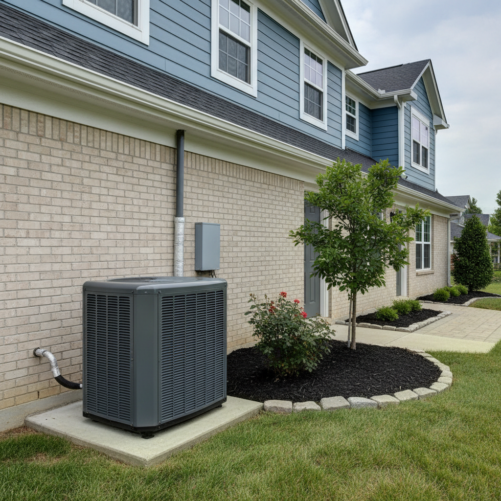 Daikin heat pump outdoor unit installed beside house in green garden