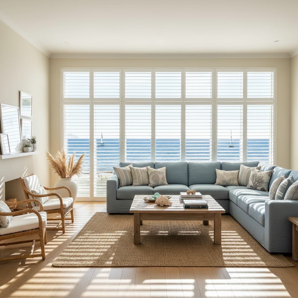 Coastal living room with full-height plantation shutters, Brancaster