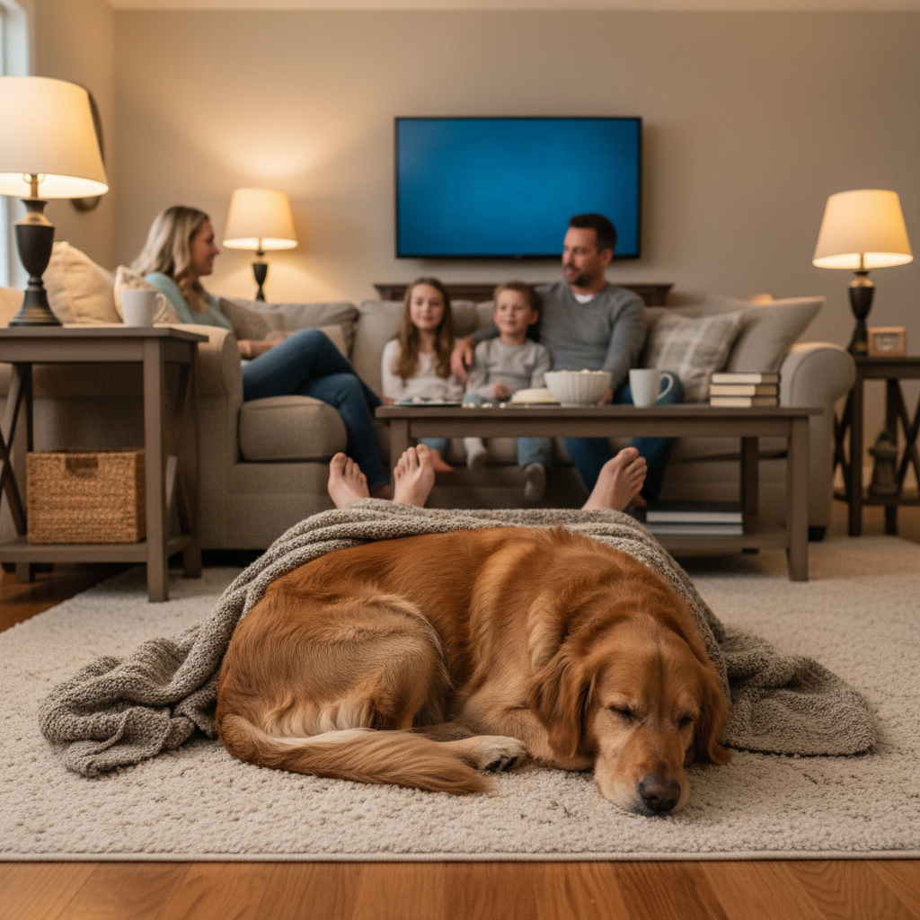 Dog curled at feet of a family watching TV in a warm living room, soft lamp light, peaceful atmosphere